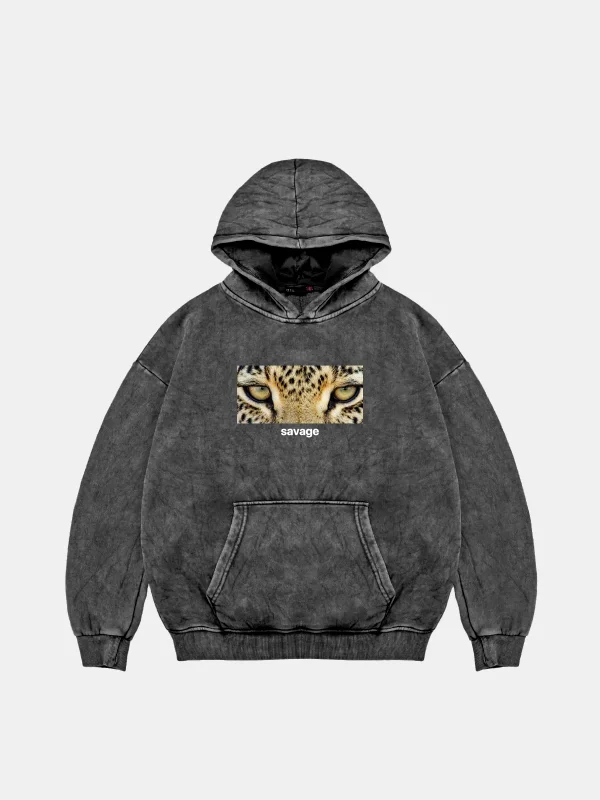 Savage Baskılı Oversize Unisex Premium Yıkamalı Siyah Hoodie
