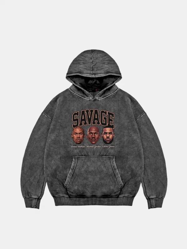 Savage Boys Baskılı Oversize Unisex Yıkamalı Siyah Hoodie