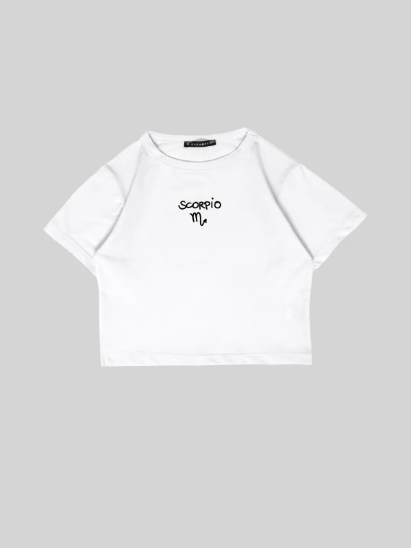 Scorpio Baskılı Beyaz Crop Top