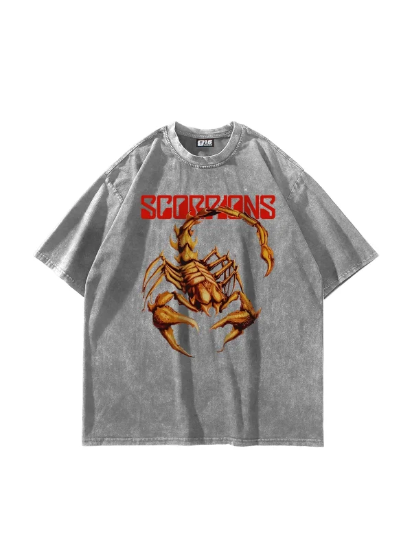 Scorpion Ön Baskılı Yıkamalı Beyaz Oversize Unisex Tshirt
