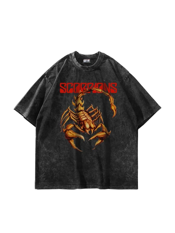 Scorpion Ön Baskılı Yıkamalı Siyah Oversize Unisex Tshirt