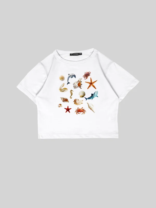 SeaShell Baskılı Beyaz Crop Top