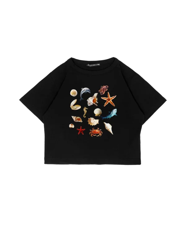 SeaShell Baskılı Siyah Crop Top