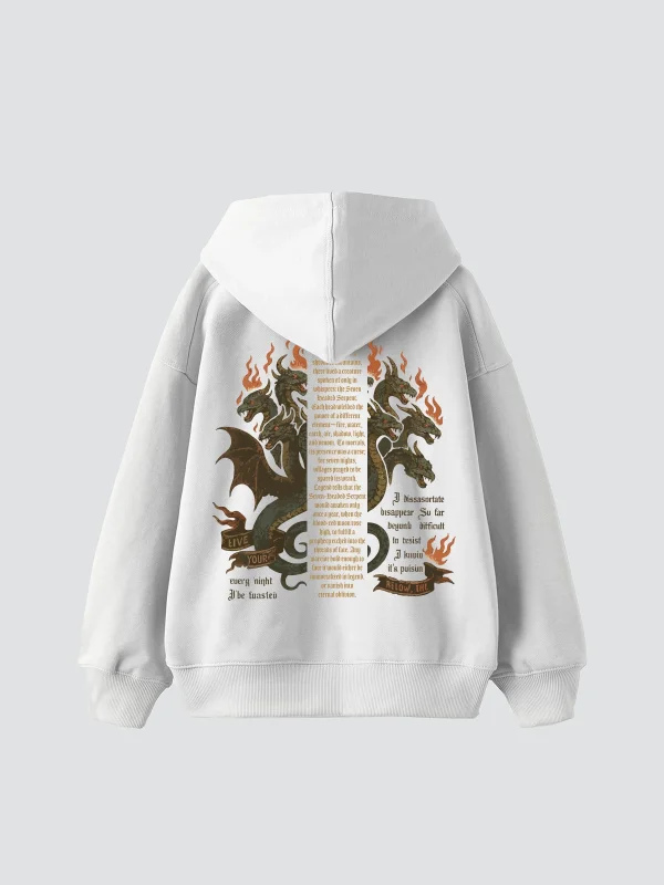 Seven-Headed Serpent Baskılı Oversize Unisex Beyaz Hoodie