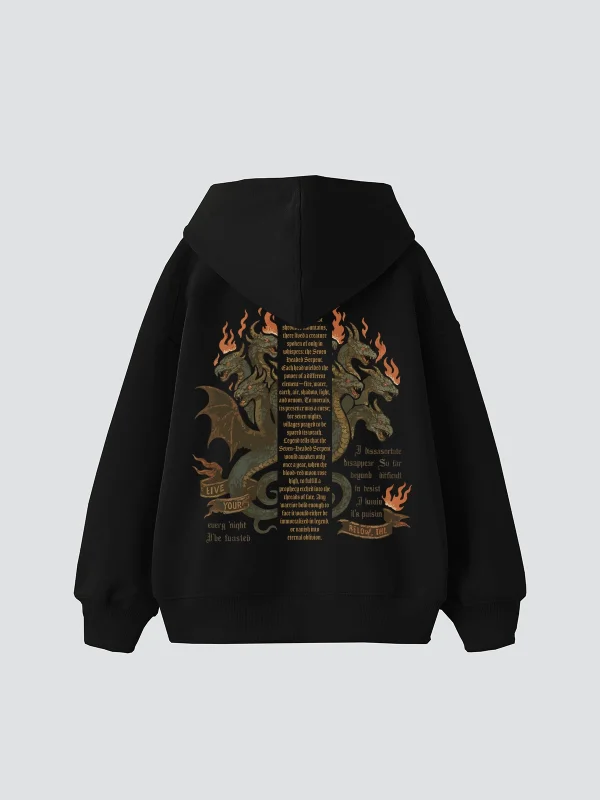Seven-Headed Serpent Baskılı Oversize Unisex Siyah Hoodie