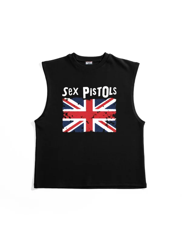 Sex Pistols U.K. Baskılı Siyah Sıfır Kol Tshirt