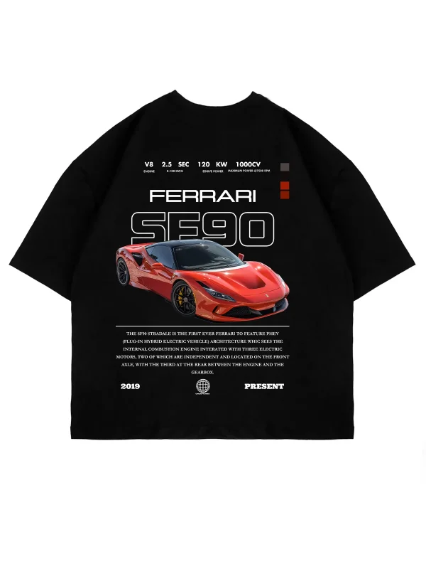 SF90 Baskılı Siyah Oversize Unisex Tshirt