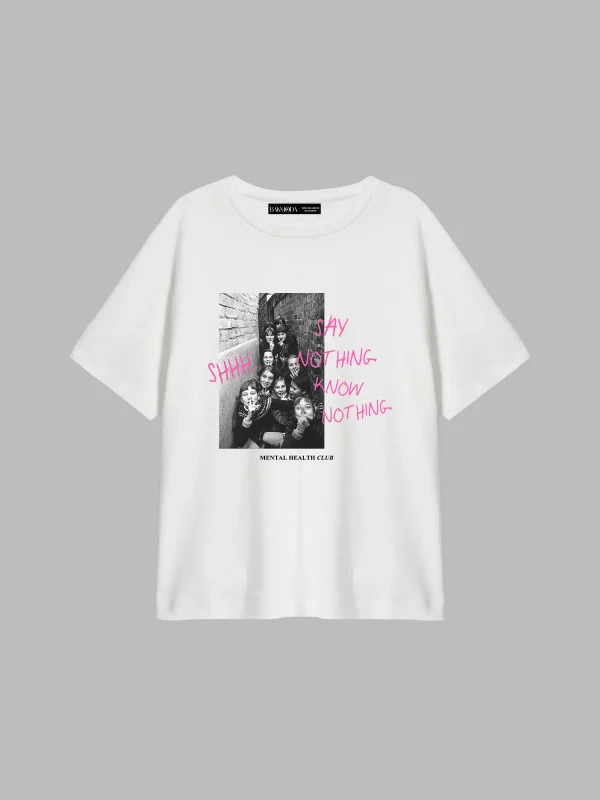 Shh Know Nothing Baskılı Relaxed Fit Beyaz Kadın Tshirt