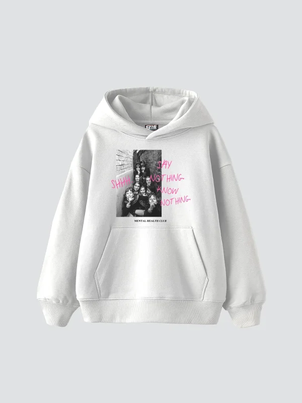 Shh Know Nothing Vintage Baskılı Oversize Unisex Beyaz Hoodie
