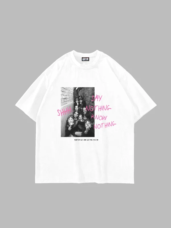 Shh Know Nothing Vintage Baskılı Oversize Unisex Beyaz Tshirt