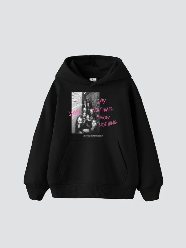 Shh Know Nothing Vintage Baskılı Oversize Unisex Siyah Hoodie