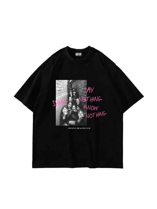 Shh Know Nothing Vintage Baskılı Oversize Unisex Siyah Tshirt