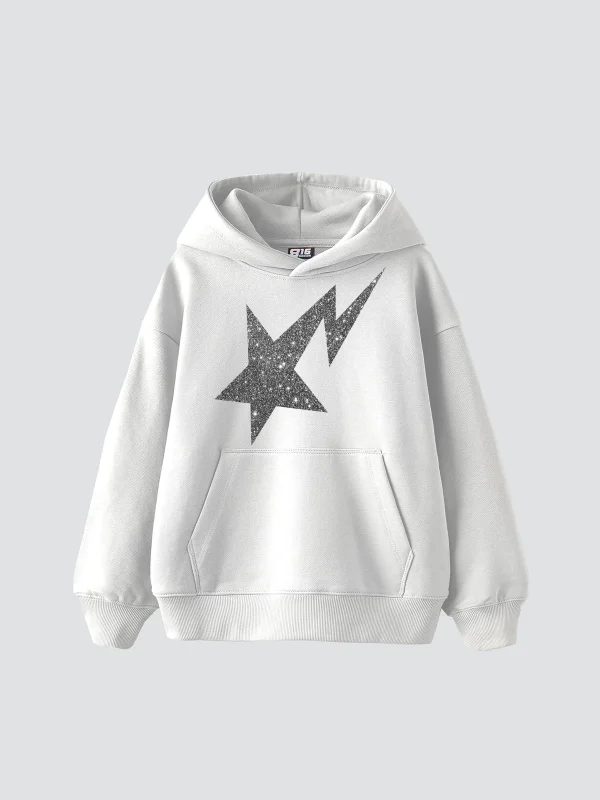Shining Star Beyaz Baskılı Oversize Unisex Premium Beyaz Hoodie