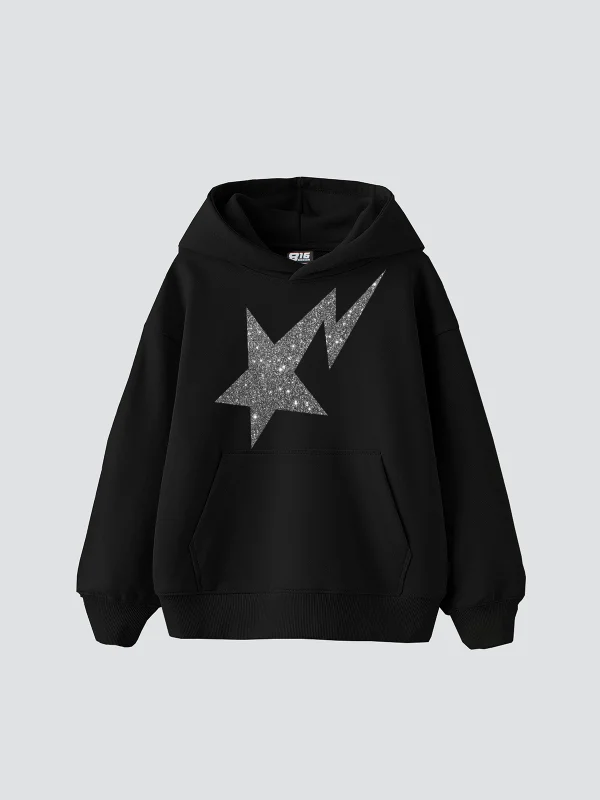 Shining Star Beyaz Baskılı Oversize Unisex Premium Siyah Hoodie