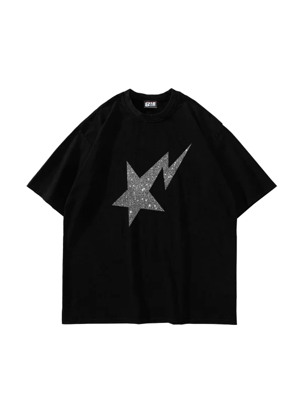 Shining Star Beyaz Baskılı Oversize Unisex Premium Siyah Tshirt