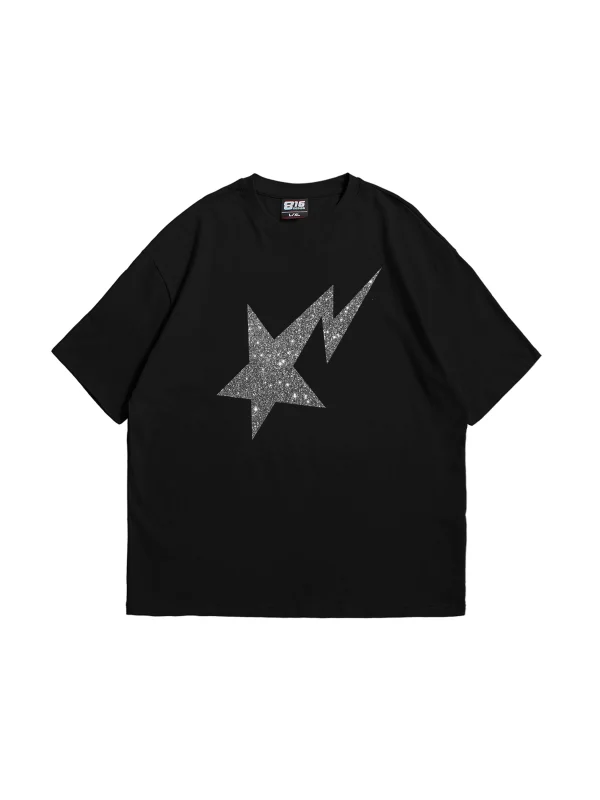 Shining Star Beyaz Baskılı Oversize Unisex Premium Siyah Tshirt