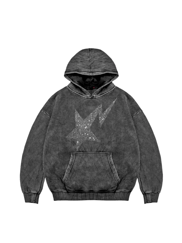 Shining Star Beyaz Baskılı Oversize Unisex Premium Yıkamalı Siyah Hoodie
