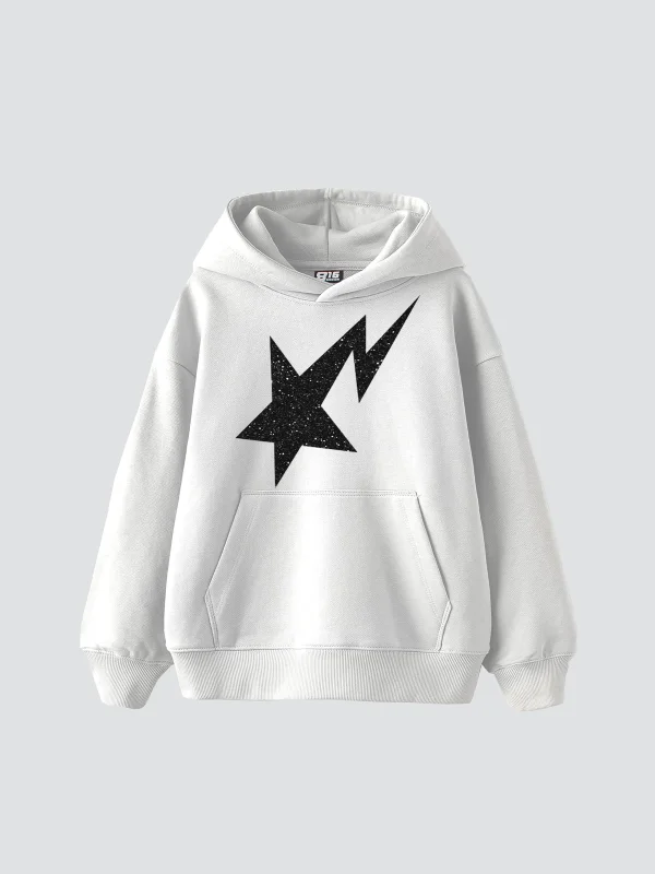 Shining Star Siyah Baskılı Oversize Unisex Premium Beyaz Hoodie