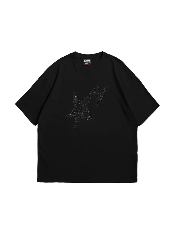 Shining Star Siyah Baskılı Oversize Unisex Premium Siyah Tshirt