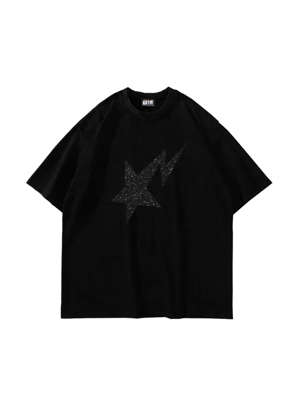 Shining Star Siyah Baskılı Oversize Unisex Premium Siyah Tshirt