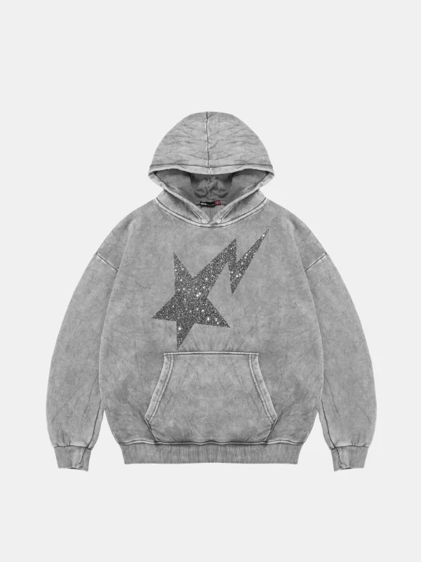 Shining Star Beyaz Baskılı Oversize Unisex Premium Yıkamalı Beyaz Hoodie