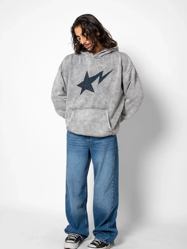 Shining Star Siyah Baskılı Oversize Unisex Premium Yıkamalı Beyaz Hoodie