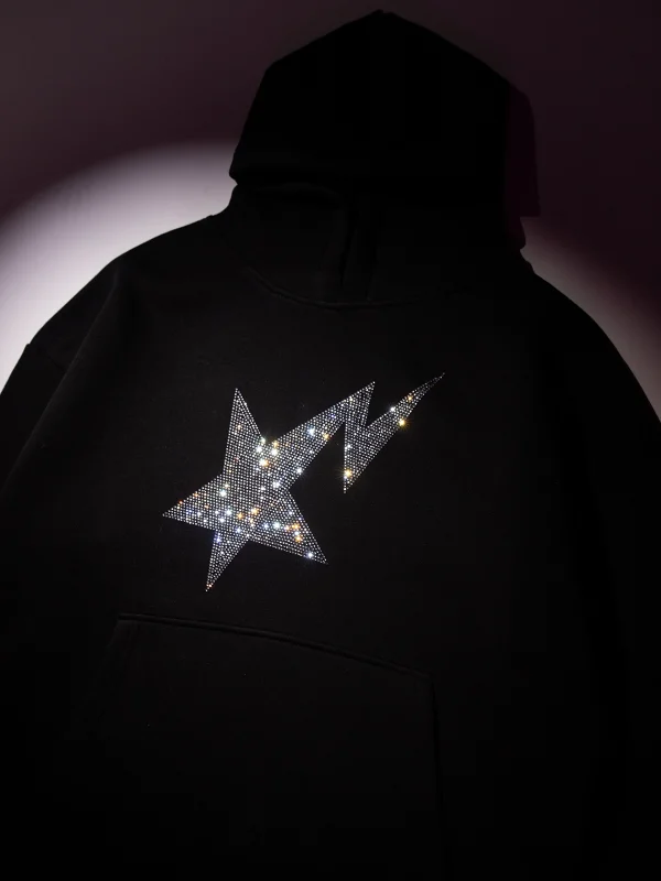 Taş Baskı Shining Star Oversize Unisex Premium Siyah Hoodie