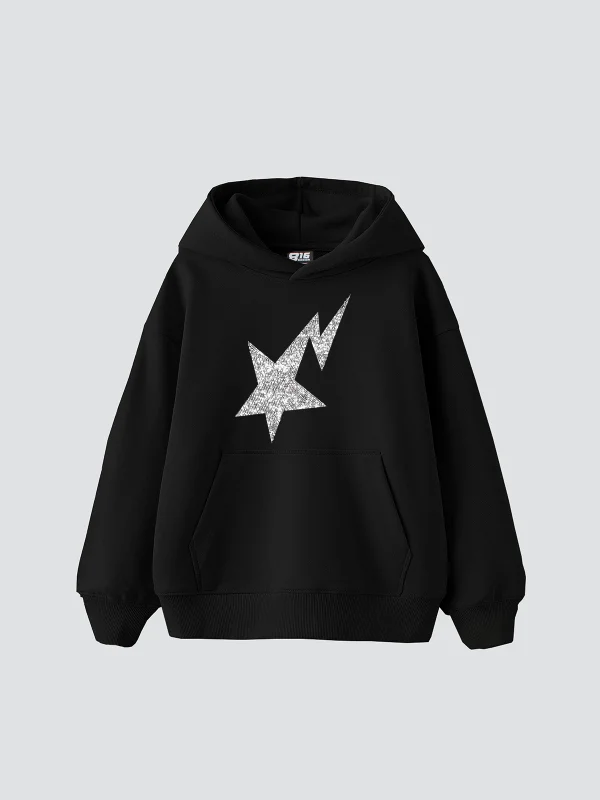 Taş Baskı Shining Star Oversize Unisex Premium Siyah Hoodie