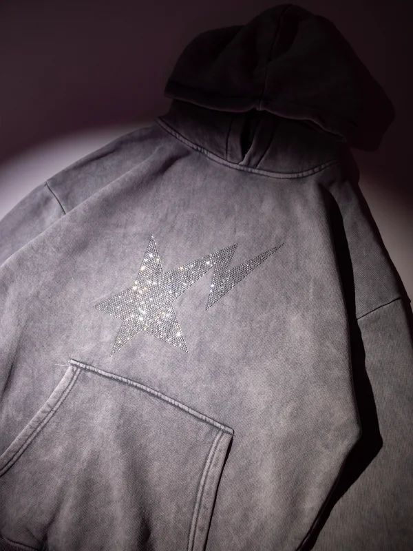 Shining Star Taş Baskılı Oversize Unisex Premium Yıkamalı Beyaz Hoodie