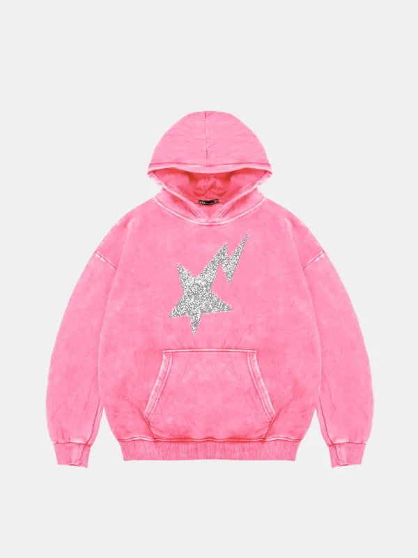Shining Star Taş Baskılı Oversize Unisex Premium Yıkamalı Pembe Hoodie