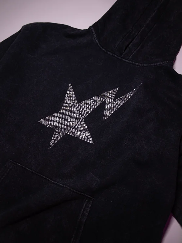 Shining Star Taş Baskılı Oversize Unisex Premium Yıkamalı Siyah Hoodie