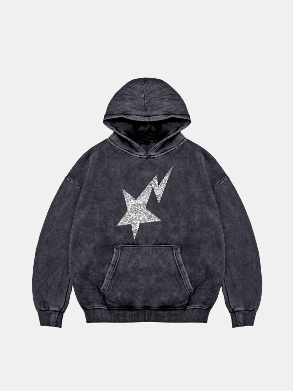 Shining Star Taş Baskılı Oversize Unisex Premium Yıkamalı Siyah Hoodie