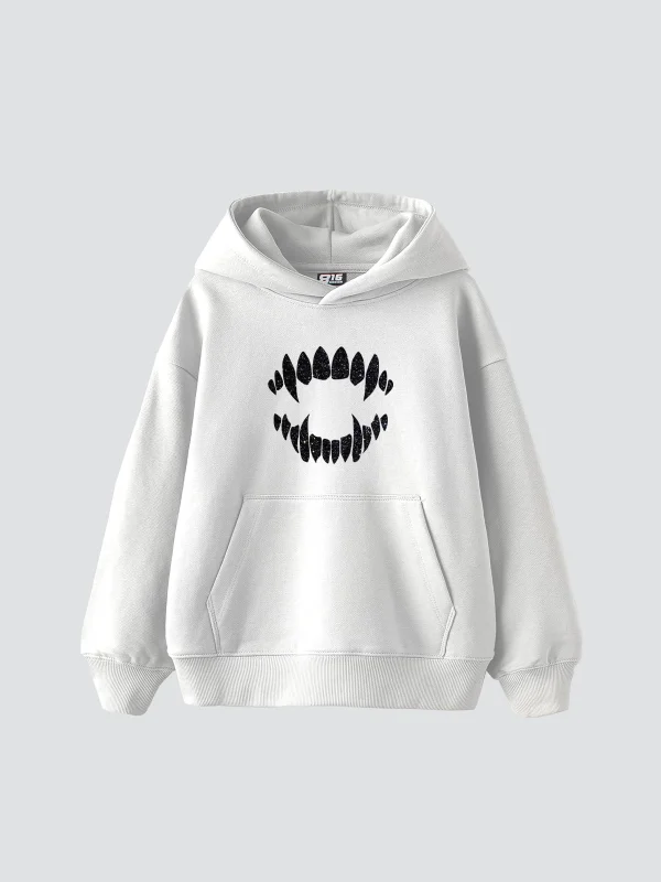 Shining Teeth Baskılı Oversize Unisex Premium Beyaz Hoodie
