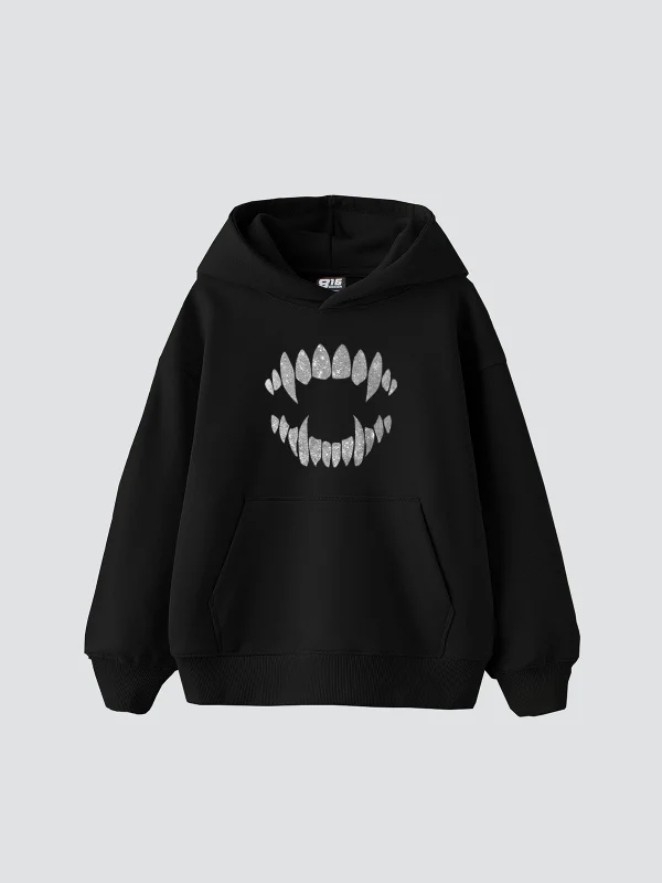 Shining Teeth Baskılı Oversize Unisex Premium Siyah Hoodie