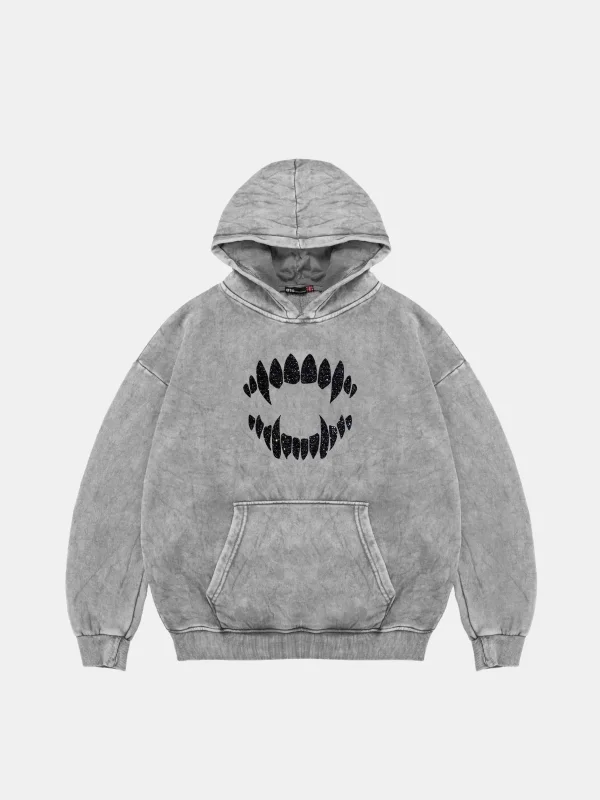 Shining Teeth Baskılı Oversize Unisex Premium Yıkamalı Beyaz Hoodie