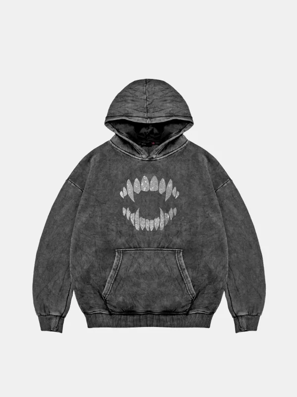 Shining Teeth Baskılı Oversize Unisex Premium Yıkamalı Siyah Hoodie