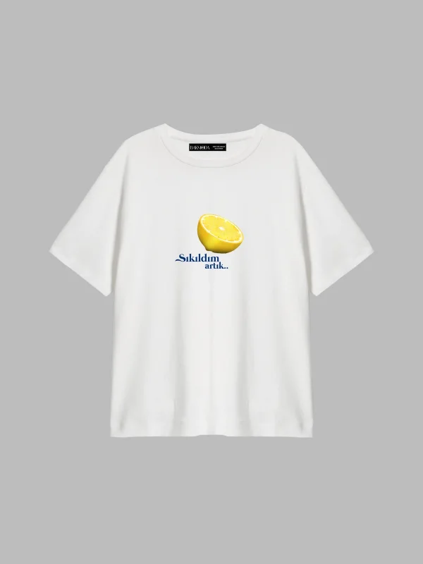 Sıkıldım Artık Baskılı Relaxed Fit Beyaz Kadın Tshirt