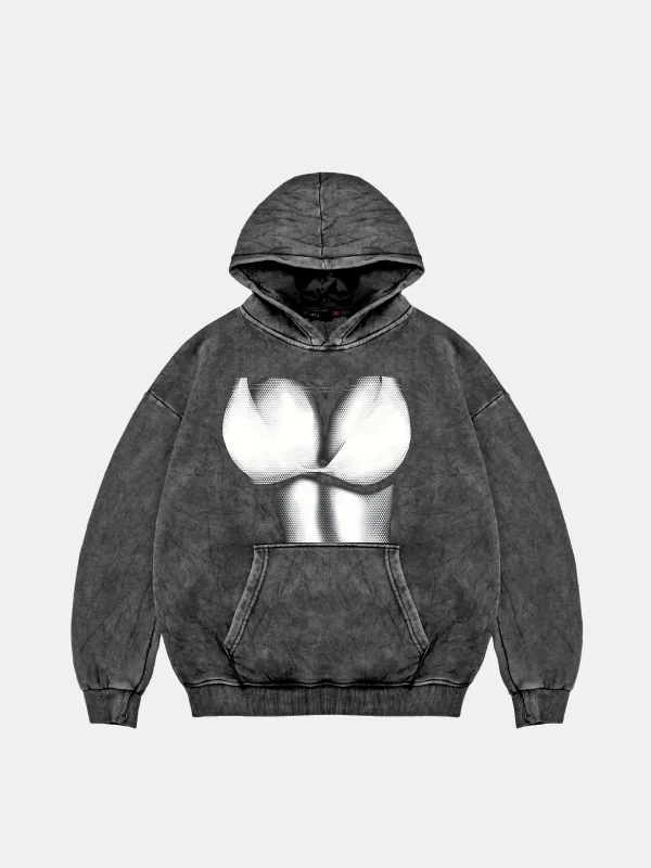 Silhouette Boobs Baskılı Oversize Unisex Yıkamalı Siyah Hoodie