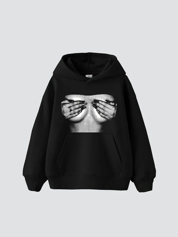 Silhouette Boobs V2 Baskılı Oversize Unisex Siyah Hoodie