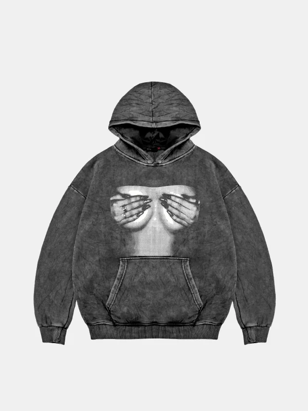 Silhouette Boobs V2 Baskılı Oversize Unisex Yıkamalı Siyah Hoodie