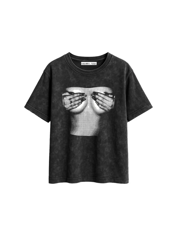Silhouette Boobs V2 Baskılı Relaxed Fit Yıkamalı Siyah Kadın Tshirt