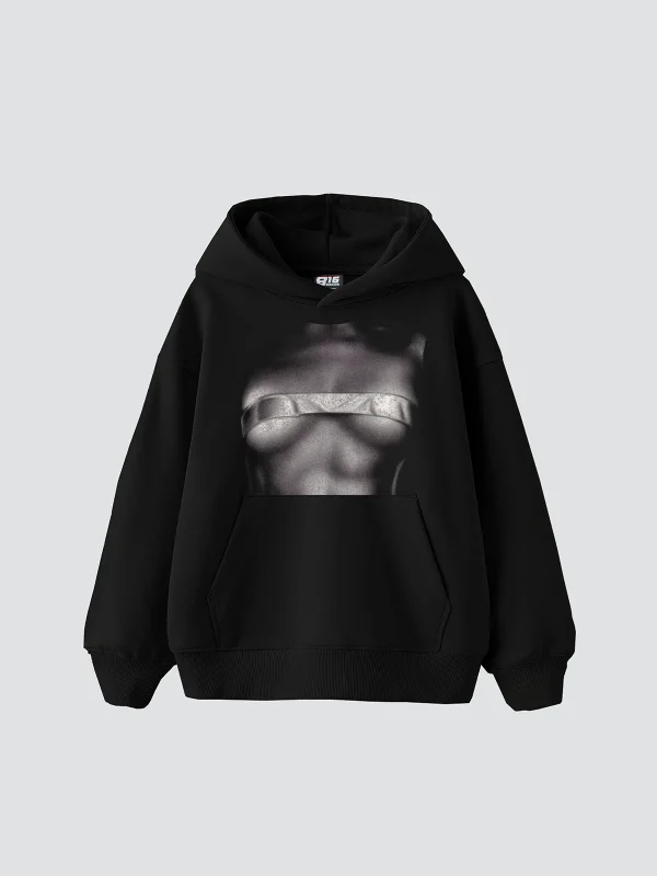 Silhouette Nudes Baskılı Oversize Unisex Siyah Hoodie
