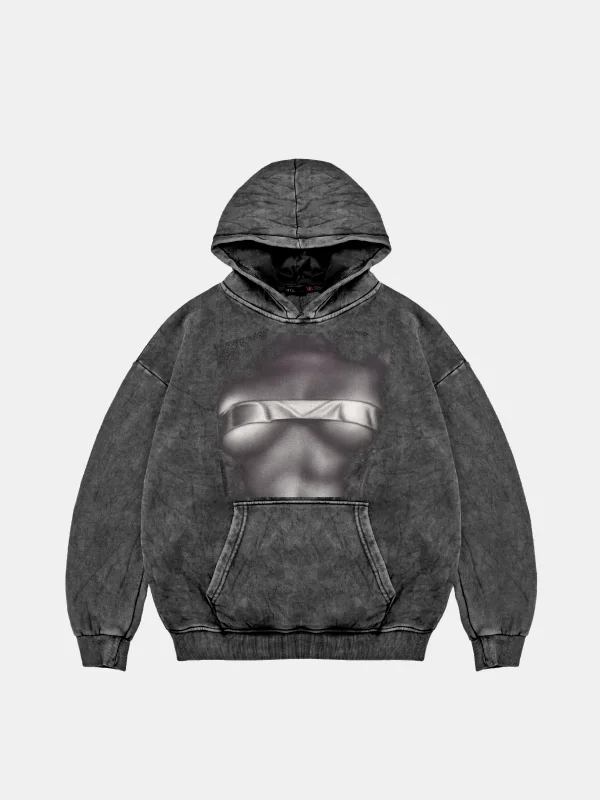 Silhouette Nudes Baskılı Oversize Unisex Yıkamalı Siyah Hoodie
