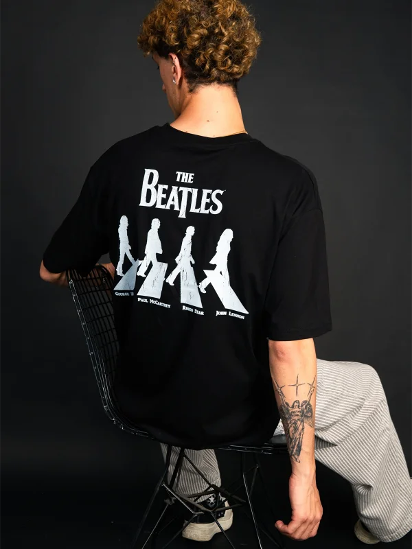 Siyah The Beatles Baskılı Oversize Unisex Pamuk Tişört