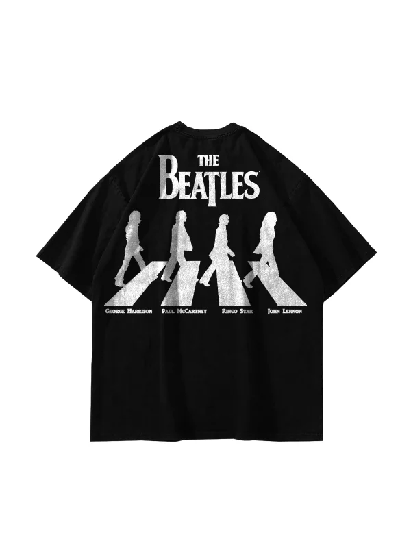 Siyah The Beatles Baskılı Oversize Unisex Pamuk Tişört
