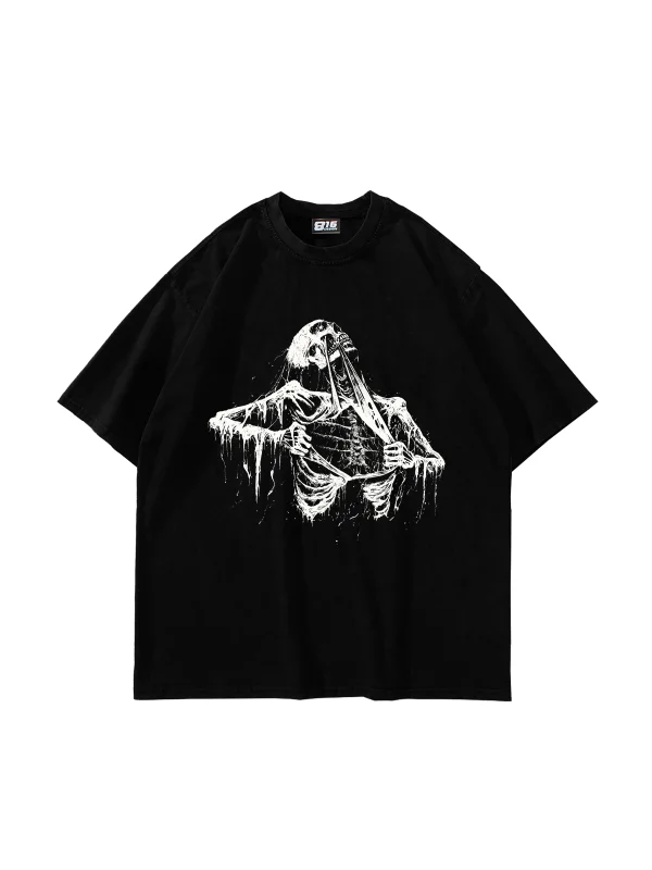 Skeleton Baskılı Oversize Unisex Siyah Tshirt
