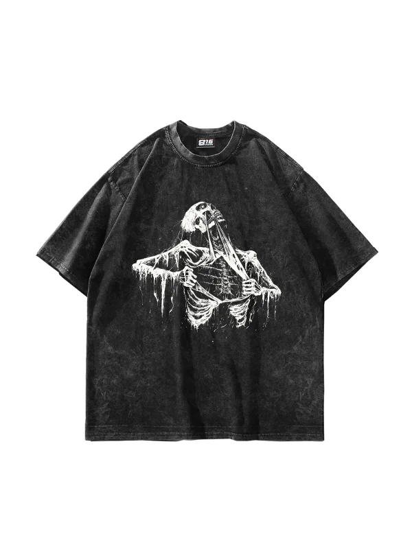 Skeleton Baskılı Oversize Unisex Yıkamalı Siyah Tshirt