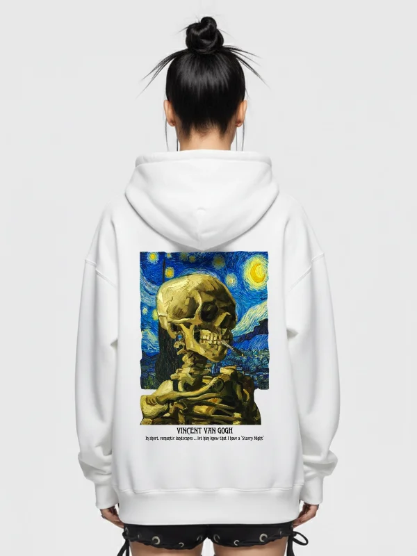 Skull of a Skeleton Baskılı Oversize Unisex Beyaz Hoodie