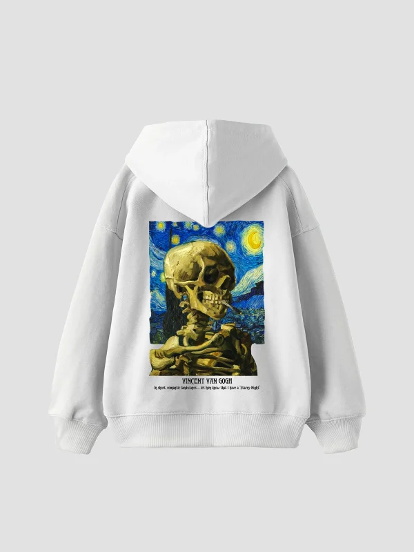 Skull of a Skeleton Baskılı Oversize Unisex Beyaz Hoodie