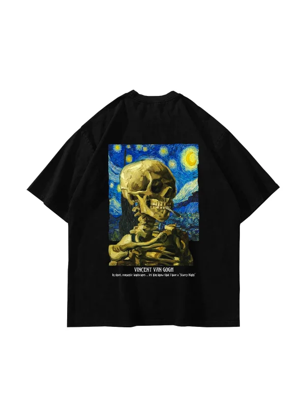 Skull of a Skeleton Baskılı Oversize Unisex Siyah Tshirt